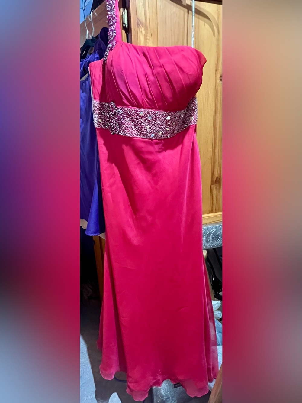 Hot Pink Beaded Detail One-shoulder Gown- Women's Evening Wear